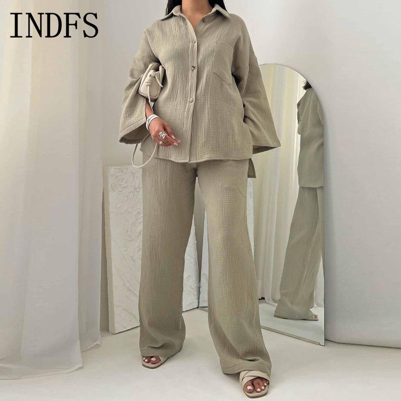INDFS Women's Fashion Casual Spring Fall Solid Color Print Long Sleeve POLO Neck Blouses & Shirts Trousers Pants Suits