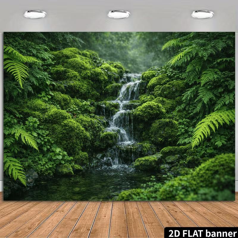 2D Enchanted Mossy Waterfall in Tropical Forest Backdrop Photo Background