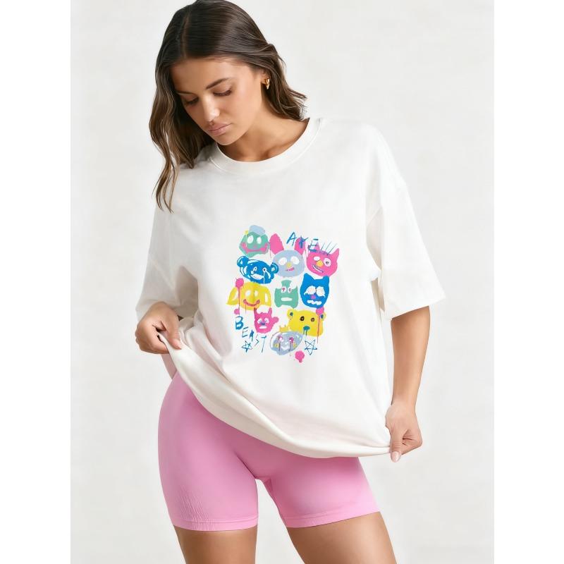 Футболка оверсайз черная с цветным принтом мультяшных персонажей и букв, повседневная уличная одежда для женщин