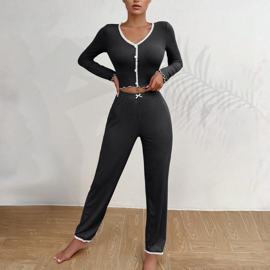 Women's Home Clothes Pajamas Long Sleeved Pants Loose And Comfortable Sexy Lace Two-piece Set