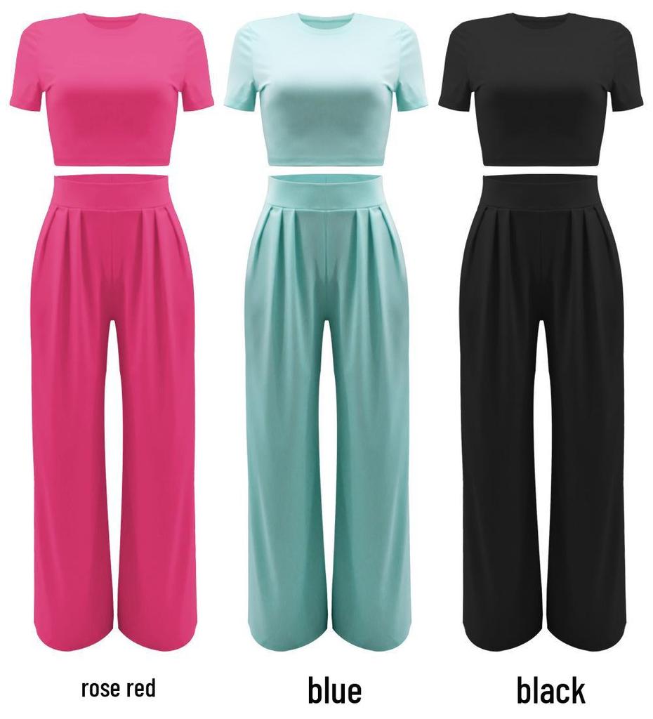 Crop Top & High Waist Loose Straight Leg Pants Set – Solid Color