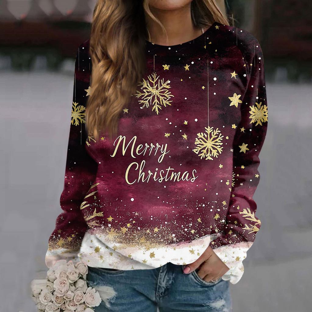 Женский повседневный модный рождественский принт с длинным рукавом и круглым вырезом, пуловер, топ