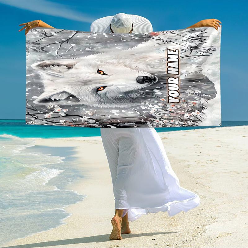 1PC Custom Name Winter Wolf Majesty Beach Towel Highly Absorbent And Sand-Resistant Towel for Swimming, Pool, Yoga, And Travel Lightweight