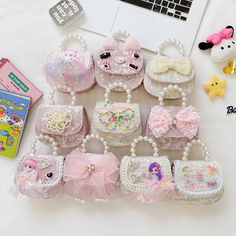Crossbody Bowknot Girls Bag Sparkly Cartoon Shoulder Bag With Pearl Chain Strap
