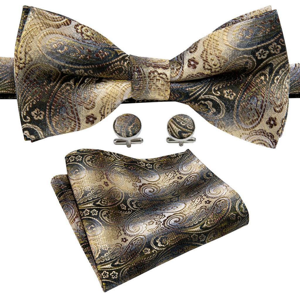 Barry.Wang Men Cravat Ties Jacquare Paisley/Floral/Striped Bow Tie Hanky Cufflinks Set Formal Casual