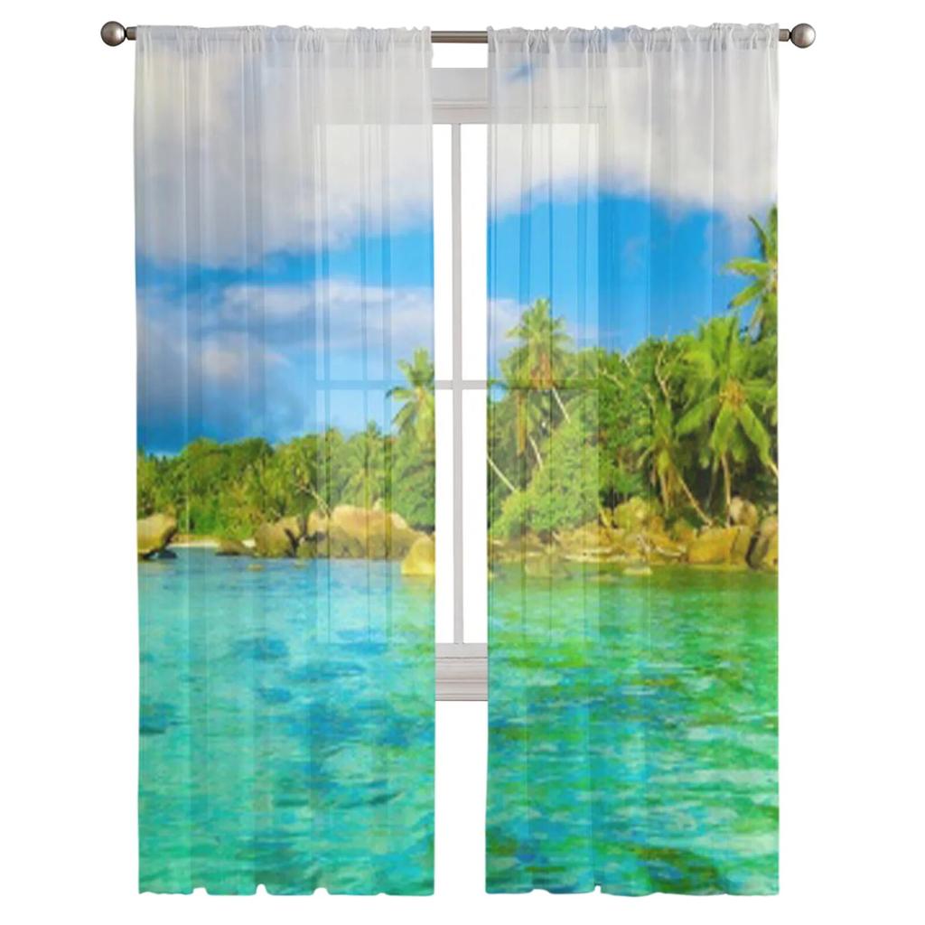 Пальмы на пляже, прозрачные шторы для гостиной, детская спальня, тюлевые шторы, кухонные шторы для окон