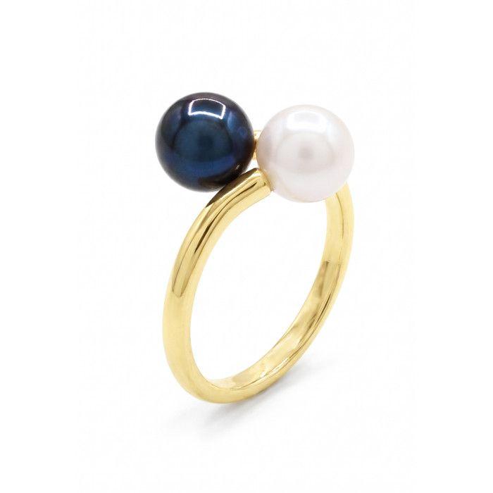 Bague - Pearls & Colors - Perle de Culture d'Eau Douce 7-8 mm Rondes - Perle Blanche & Noire - Or Jaune 375/1000 - Femme