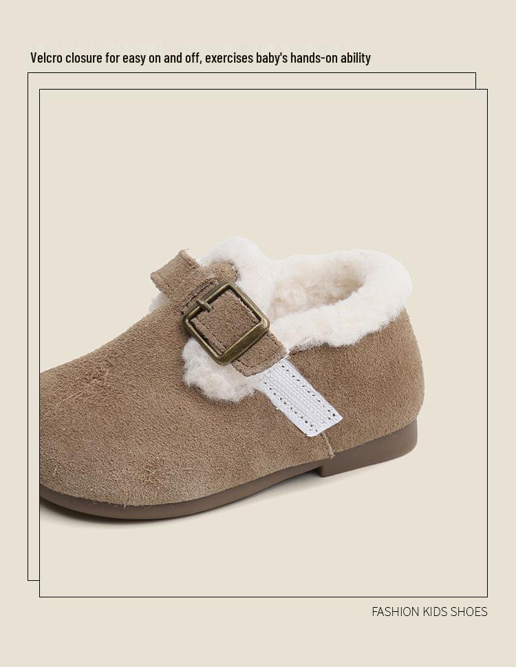Теплые хлопковые детские туфельки: Корейский стиль, кожаный, с флисовой подкладкой, мягкой подошвой, для мальчиков и девочек