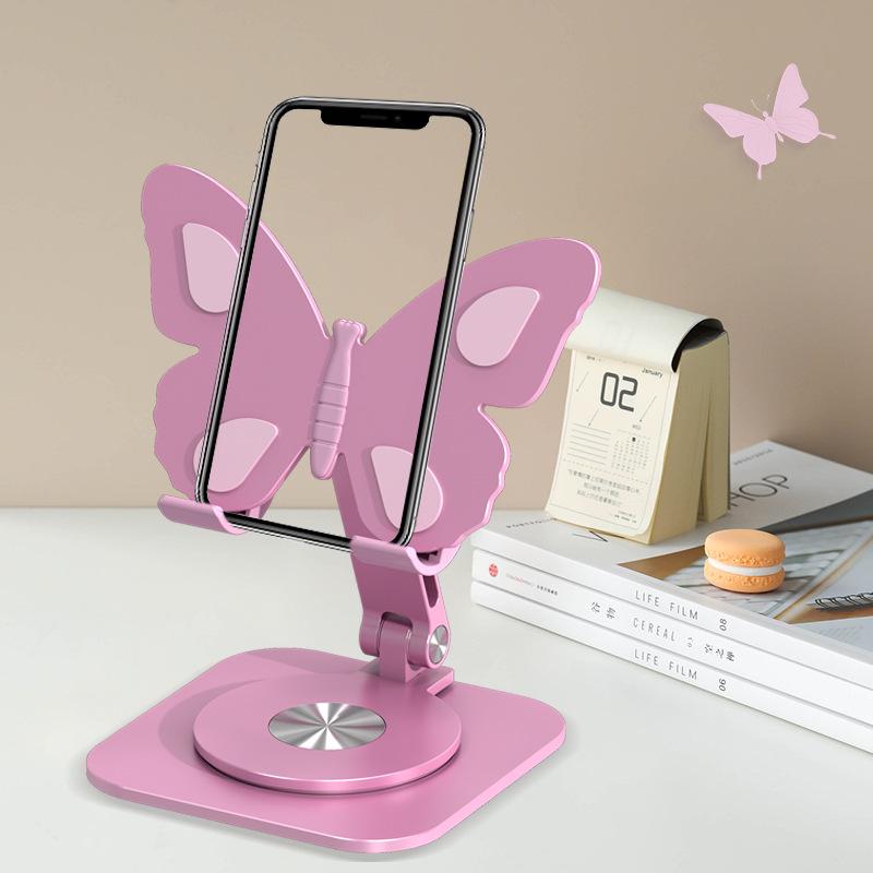 Rotating Cartoon Girl Phone Holder - Pink Butterfly Ornament & Tablet Stand