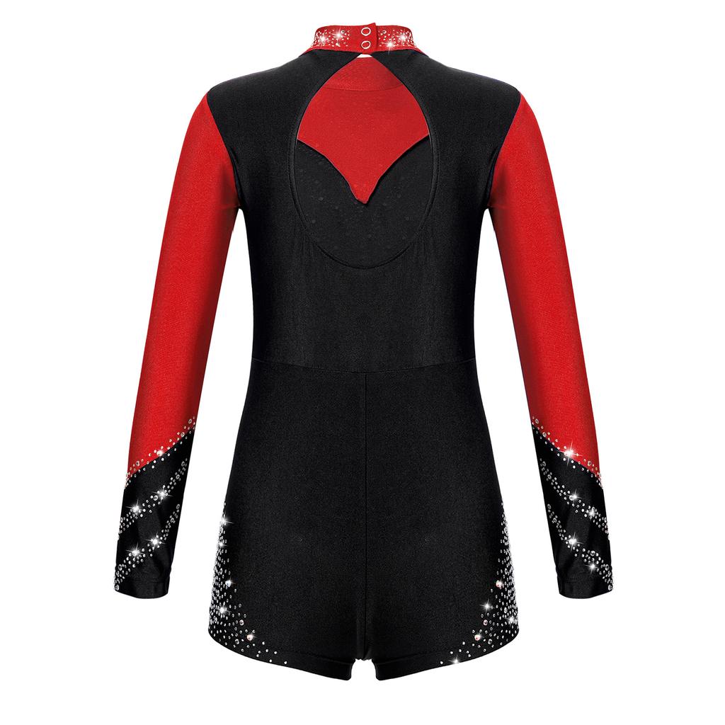 Танцевальный комбинезон для девочек контрастного цвета с открытой спиной и блестящими бриллиантовыми украшениями для соревнований