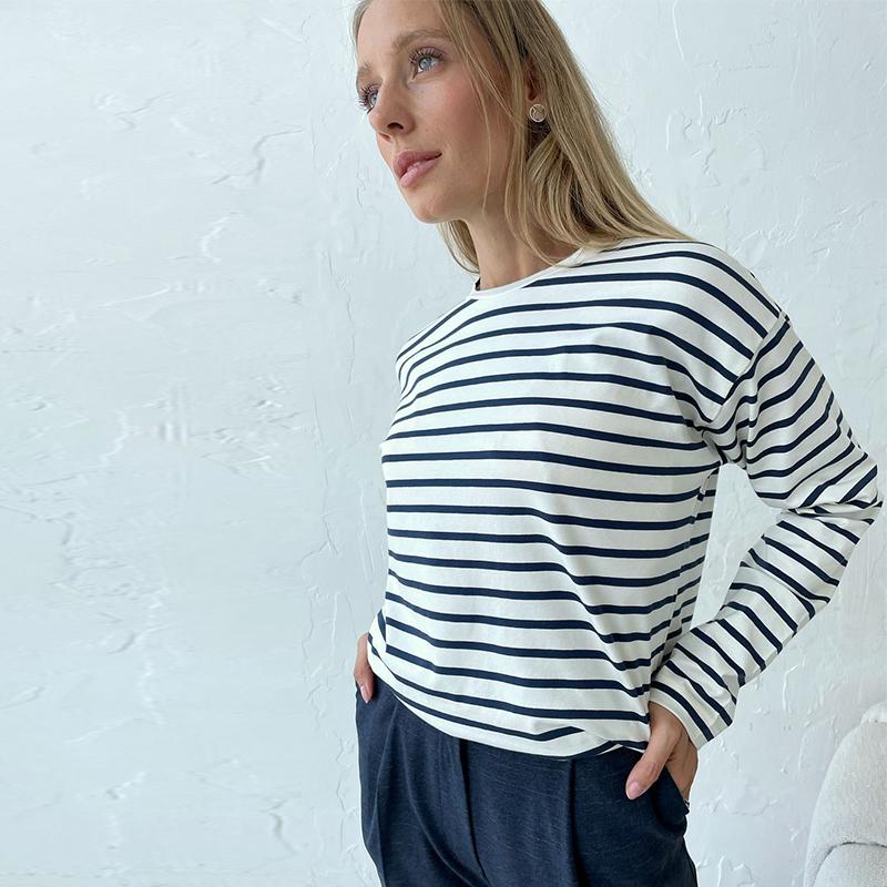 Уютные свободные футболки с длинным рукавом в полоску для женщин, осенние базовые повседневные хлопковые топы с круглым вырезом, блузка в уличном стиле