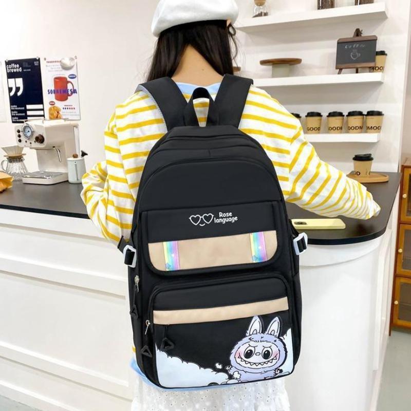 4pcs Classic Casual Backpack Neutral Printed Student Backpack Pencil Case Crossbody Bag Storage Bag Set