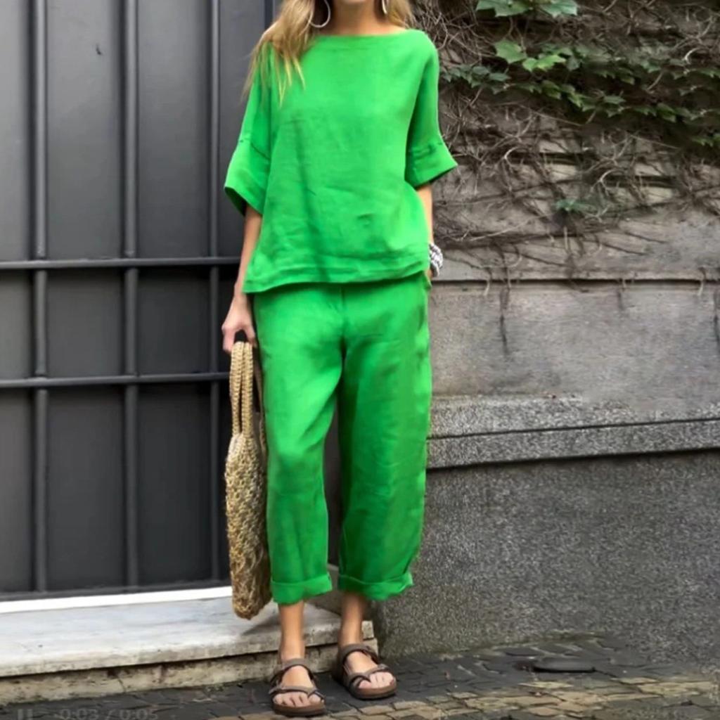Женский однотонный повседневный хлопковый льняной комплект с рукавами 3/4 и круглым вырезом, топ и брюки