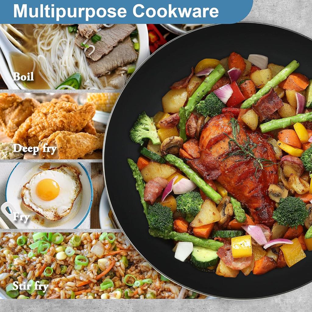 Сковорода-вок, железный вокс с плоским дном 12,5 дюйма, воки и сковороды для жарки с крышкой, вок из углеродистой стали подходят для всех плит