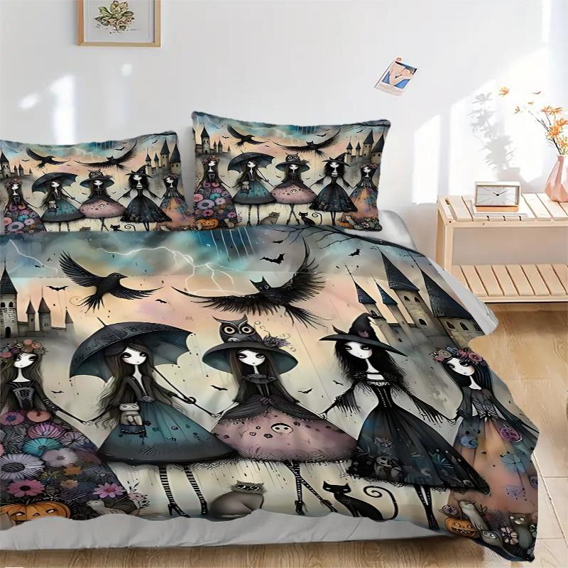 3pcs Halloween Witch Theme Comforter Set with One Quilt Cover and Two Pillowcases (No Core) - Anime Cartoon Design, Polyester Fabric, Perfect for Bedr