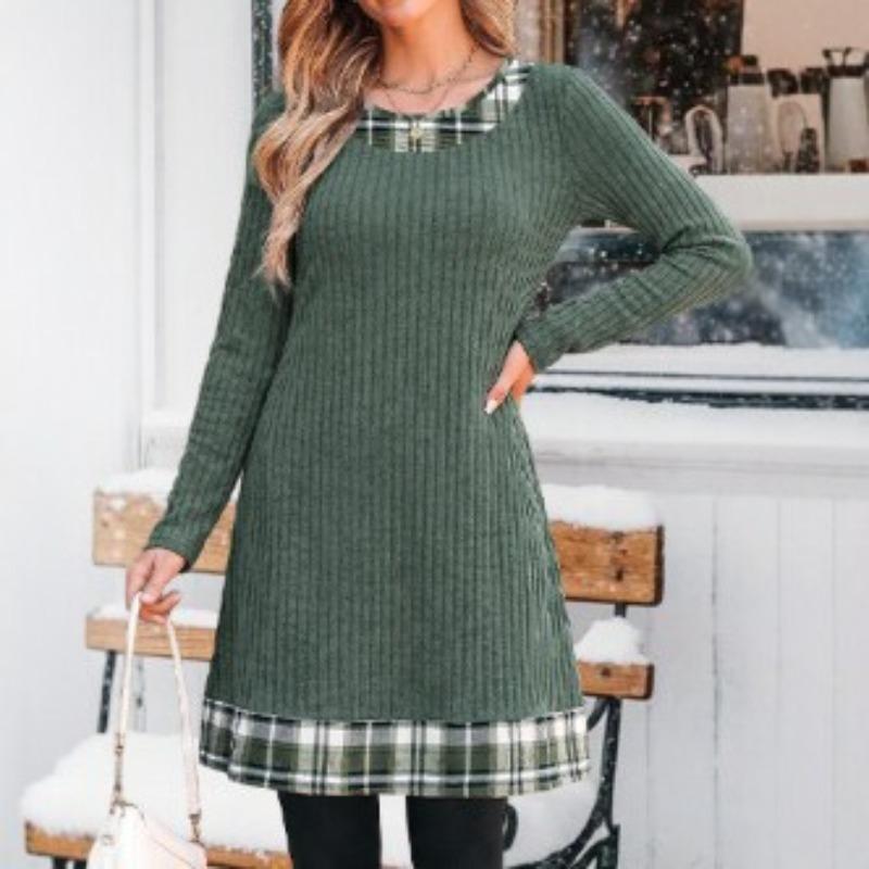 Autumn and winter new knitted sweater skirt elegant temperament casual plaid splicing dress women's clothing