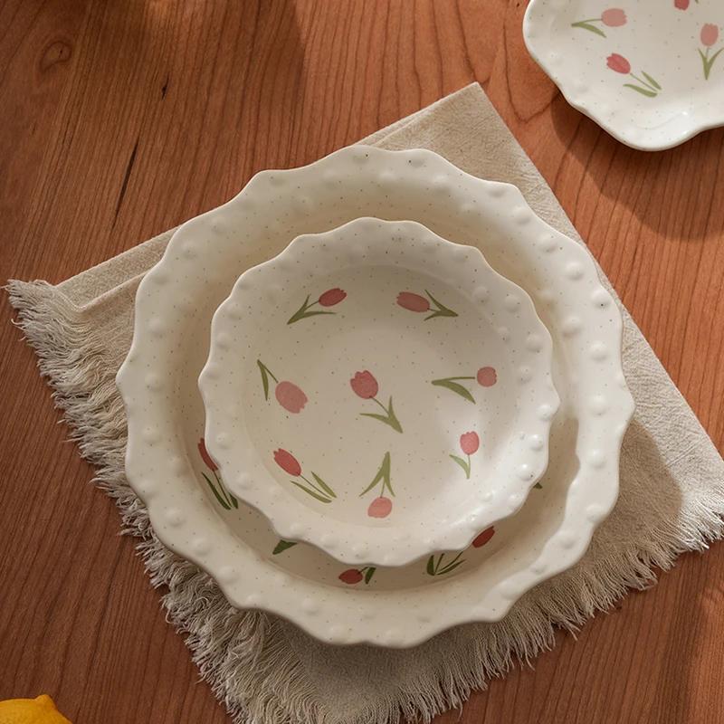 Креативная милая керамическая тарелка в виде тюльпана, легкая, роскошная, ресторанная, изысканная, глубокая тарелка для домашнего чаепития, десерта, фруктов