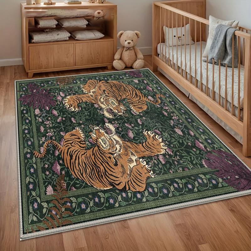 Forest Deer Floral Area Rug Woodland Home Decor Non Slip Floor Carpet for Kids Bedroom Living Room