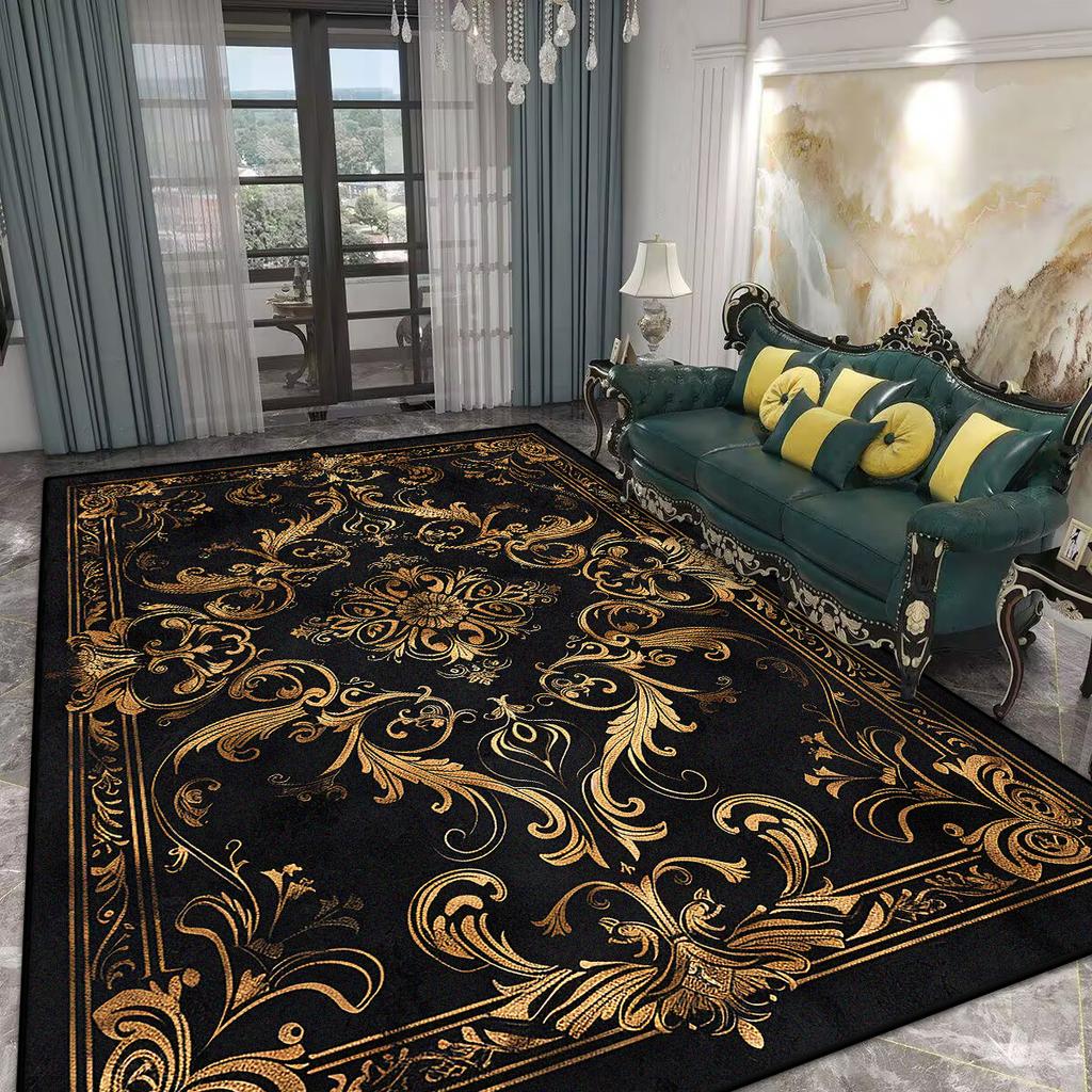 Home Decoration Luxury Black Living Room Rug Antiskid Golden Border Gaming Room Carpet Big Size Soft Entrance Door Mat Washable