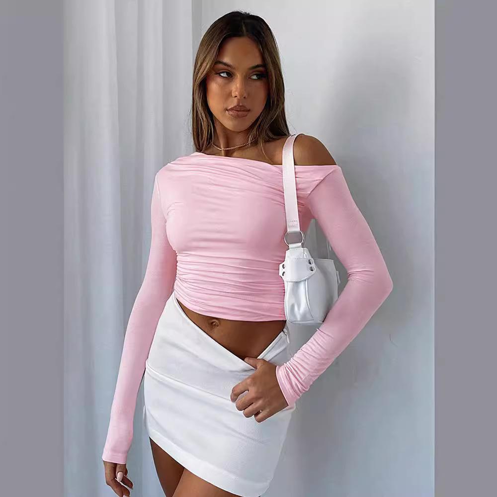 Women's Blouse Spring and Autumn Slant Shoulder Asymmetric Solid Colour Navel Blouse Long-sleeved Sexy Slim Temperament T-shirt