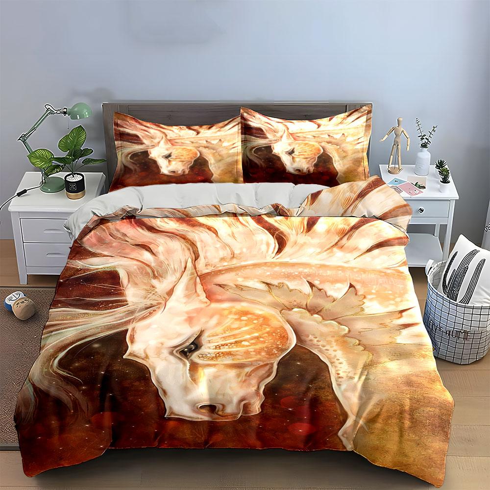 Golden horse with feathers. Bedding sets Duvet cover sets Duvet covers Pillowcases(1 * Duvet Cover 2 * Pillowcases, without duvet insert)