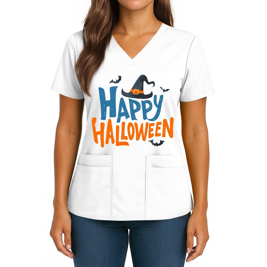 Женский Хэллоуинский Принт V-образный вырез Двойной карман Короткий рукав Разрез по подолу Топ для униформы/сиделки