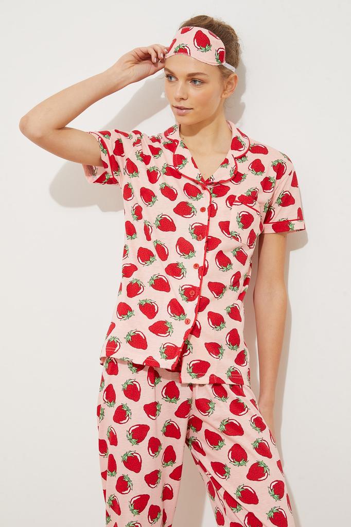 Women's Fashion New Pajama Set Pink Piping Detailed Strawberry Patterned Knitted Pajama Set