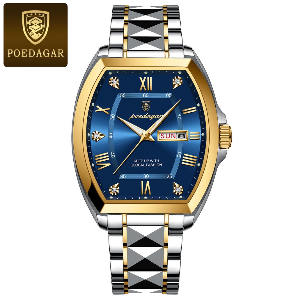 POEDAGAR Luxury Stainless Steel Watches for Man Luminous Waterproof Date Week Men Watch Tonneau Case Men's Quartz Watches