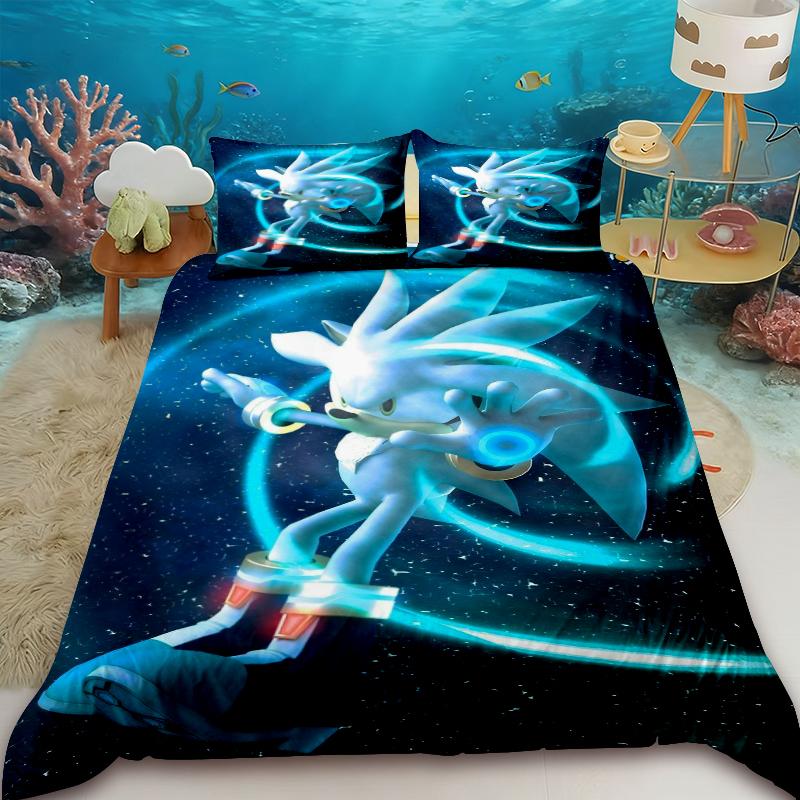 Boys Hedgehog Sonic Duvet Cover Set Cartoon Bedding Set with 2 Pillowcase Bedroom Dormitory Decor Gifts