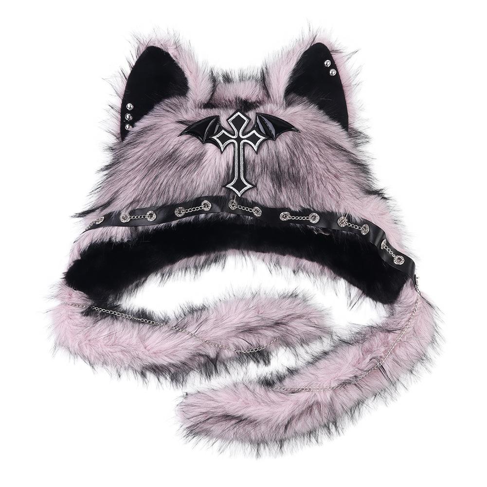 Gothic Dark Style Plush Cat Ear Hat, Punk Rock Warm Winter Hat, Trendy Thermal Headwear for Women
