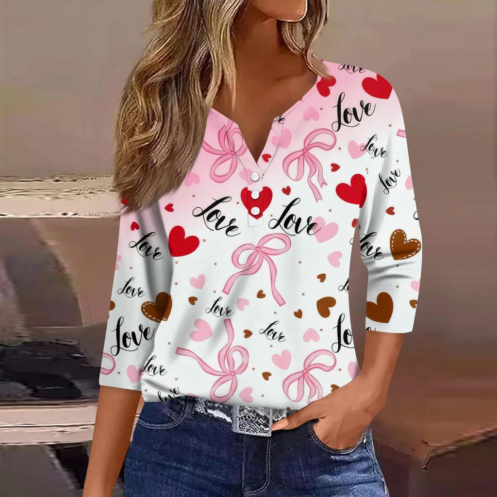 Женская модная рубашка на пуговицах с V-образным вырезом, рукавом три четверти, с принтом ко Дню святого Валентина