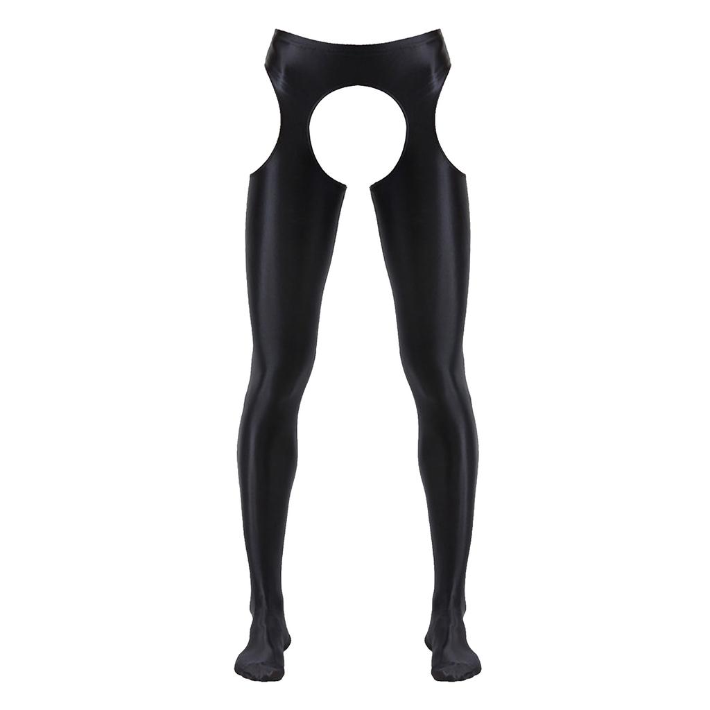 Mens Cutout Crotchless Pantyhose Glossy Mid Waist Tights Leggings