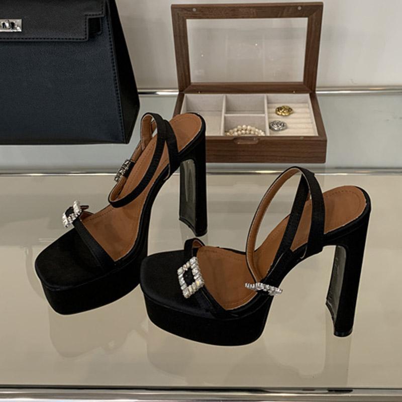 Liyke Sexy Black High Heels Platform Sandals For Women Fashion Thick Bottom Square Toe Crystal Buckle Ladies Party Banquet Shoes