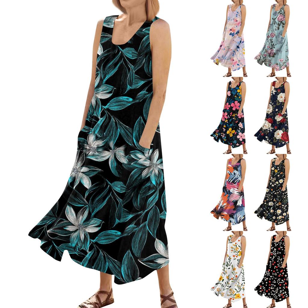 Женское летнее повседневное модное платье без рукавов с круглым вырезом и карманом с цветочным принтом