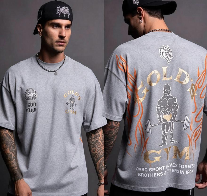 Unisex Gold's Gym Oversized T-Shirt, Front & Back Bodybuilder Flame Graphic, Short Sleeve Tee, Bodybuilding Casual Workout Top