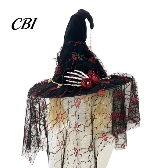 Spooky Home Decorations Punk Skeleton Hand Witch Hat with Spider And Veil, Black Large Indoor Outdoor Festive Decor Wizard Costume Accessory