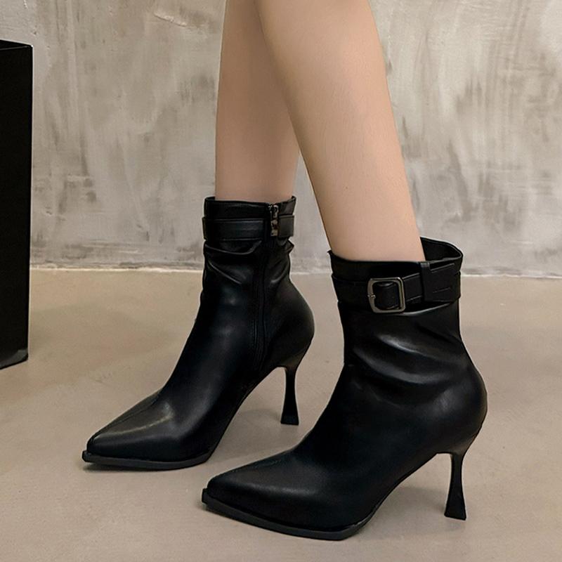 Кожаные женские ботильоны на высоком каблуке с острым носком, сексуальная дизайнерская обувь 2025 года, трендовая зимняя мода, новые туфли-лодочки в готическом стиле Botas De Mujer