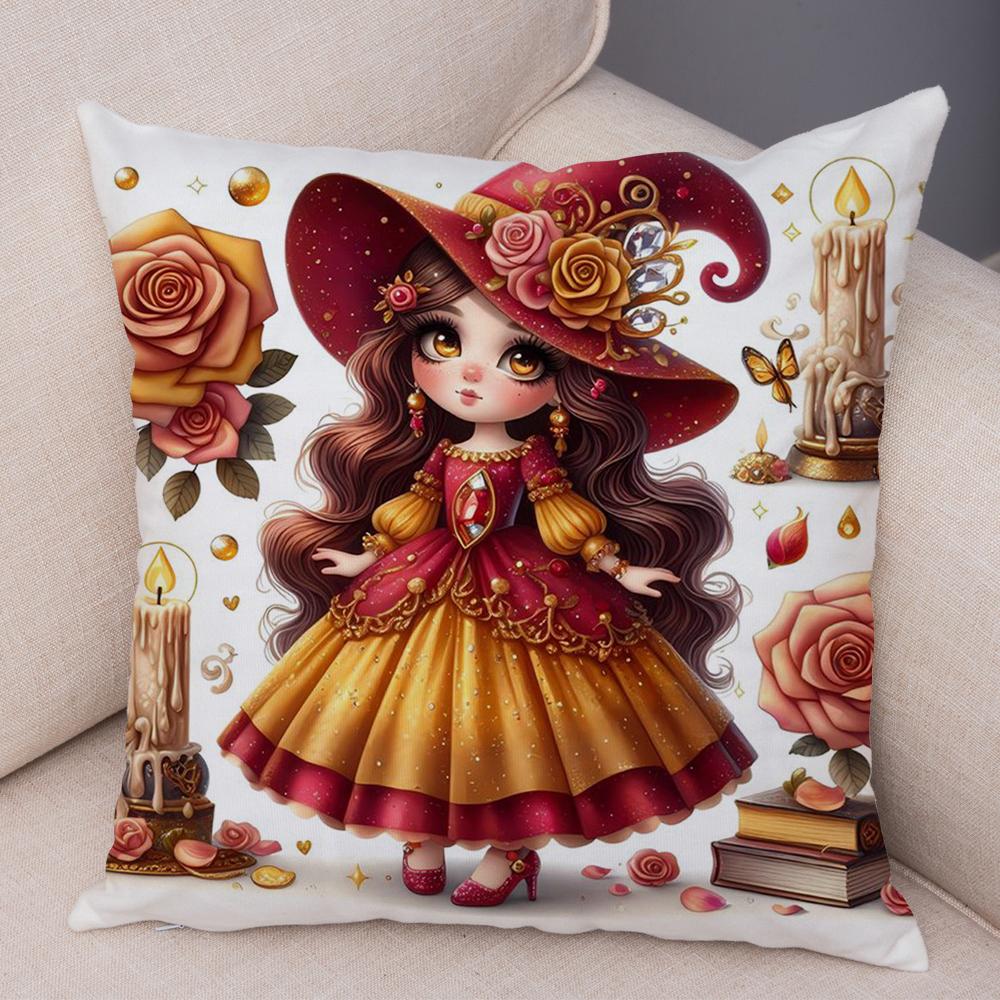 Rose Candle Witch Girl Cushion Cover Decor Cute Cartoon Children Pillowcase for Sofa Home Car Soft Plush Pillow Case xcm