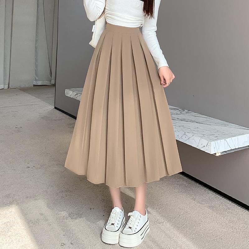 Women's Black Pleated A-Line Skirt - Mid-Length, High Waist, Elastic Fit, Autumn/Winter