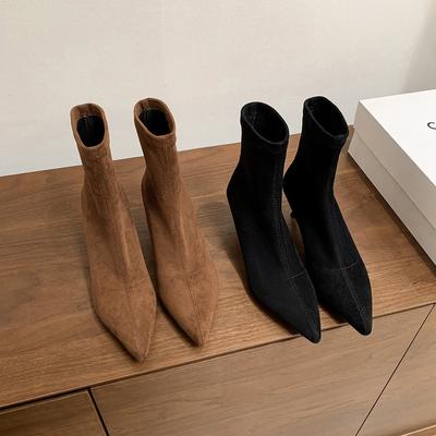 Новые Майярдово-коричневые Корейские Маленькие Ботильоны Ретро Заостренный Высокий Каблук Замшевые Узкие Ботинки Женские Короткие Ботинки Женские