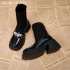 Платформа вязаные женские зимние ботильоны на высоком каблуке жемчужные кожаные туфли женские 2025 тренд зимние готические носки челси Botas De Mujer