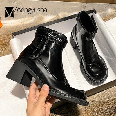 Модные блестящие сапоги для верховой езды с застежкой-молнией спереди, женские короткие ботинки с пряжкой на ремне, новые толстые высокие каблуки, ботильоны челси с большим носком, женские лакированные кожаные