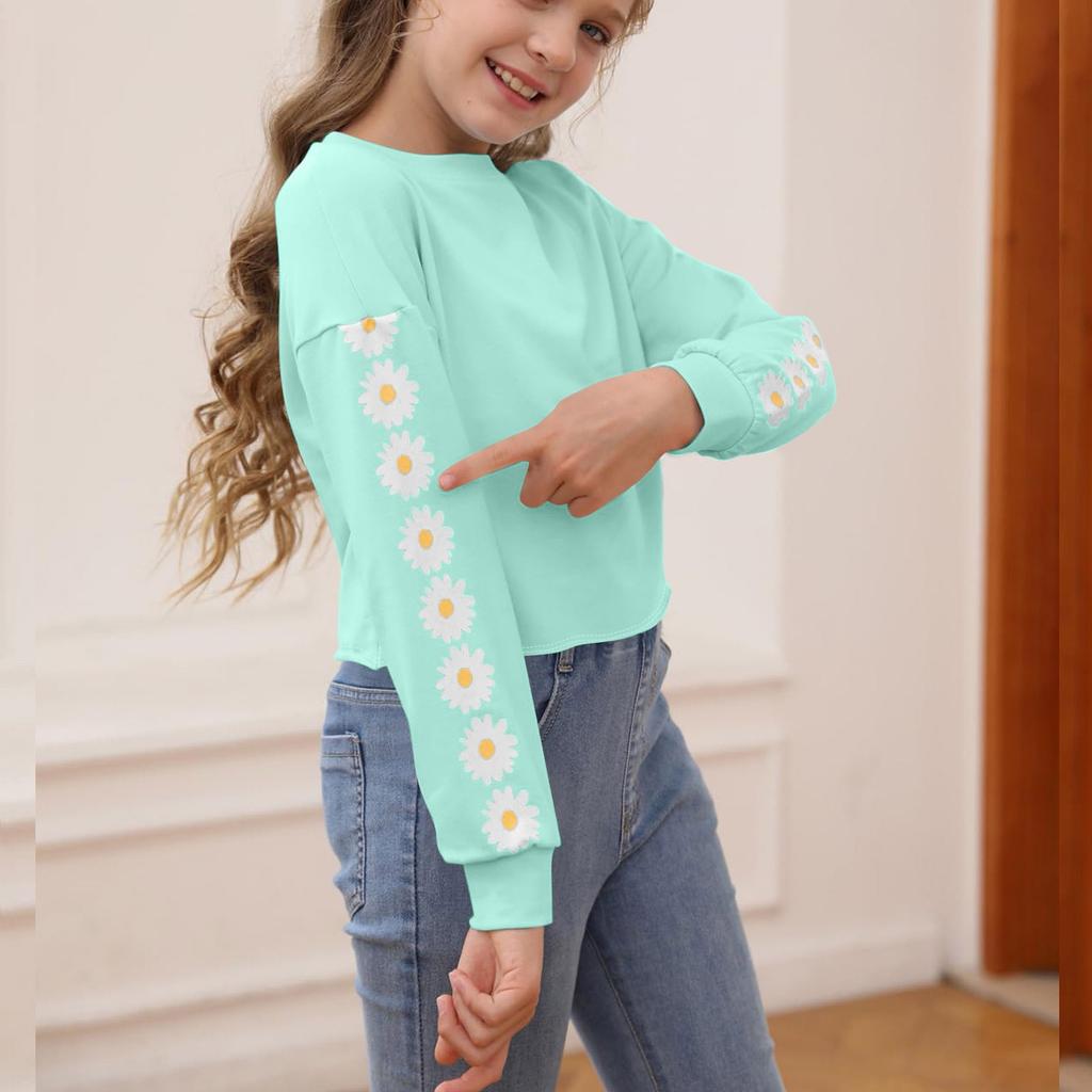 Детские укороченные топы, футболки с длинным рукавом для девочек, милые принтованные модные толстовки, пуловеры