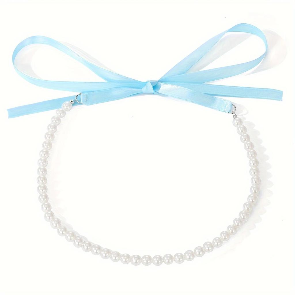 Винтажное длинное колье-цепочка с лентой-бантом на ключицу, бархатное колье на шнуровке с искусственным жемчугом