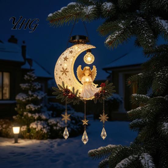 Weather Resistant Resin Ornament Solar Angel Moon Light, Christmas Hanging Lantern with Warm Glow, Outdoor Decor Yard Decoration for Porch Tree, Faux