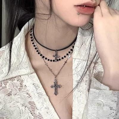 Новое многослойное колье-крест для дерзкой девушки, панк-цепочка с бусинами, длинный кулон, винтажная, сладкая, крутая цепочка, хип-хоп, женский подарок