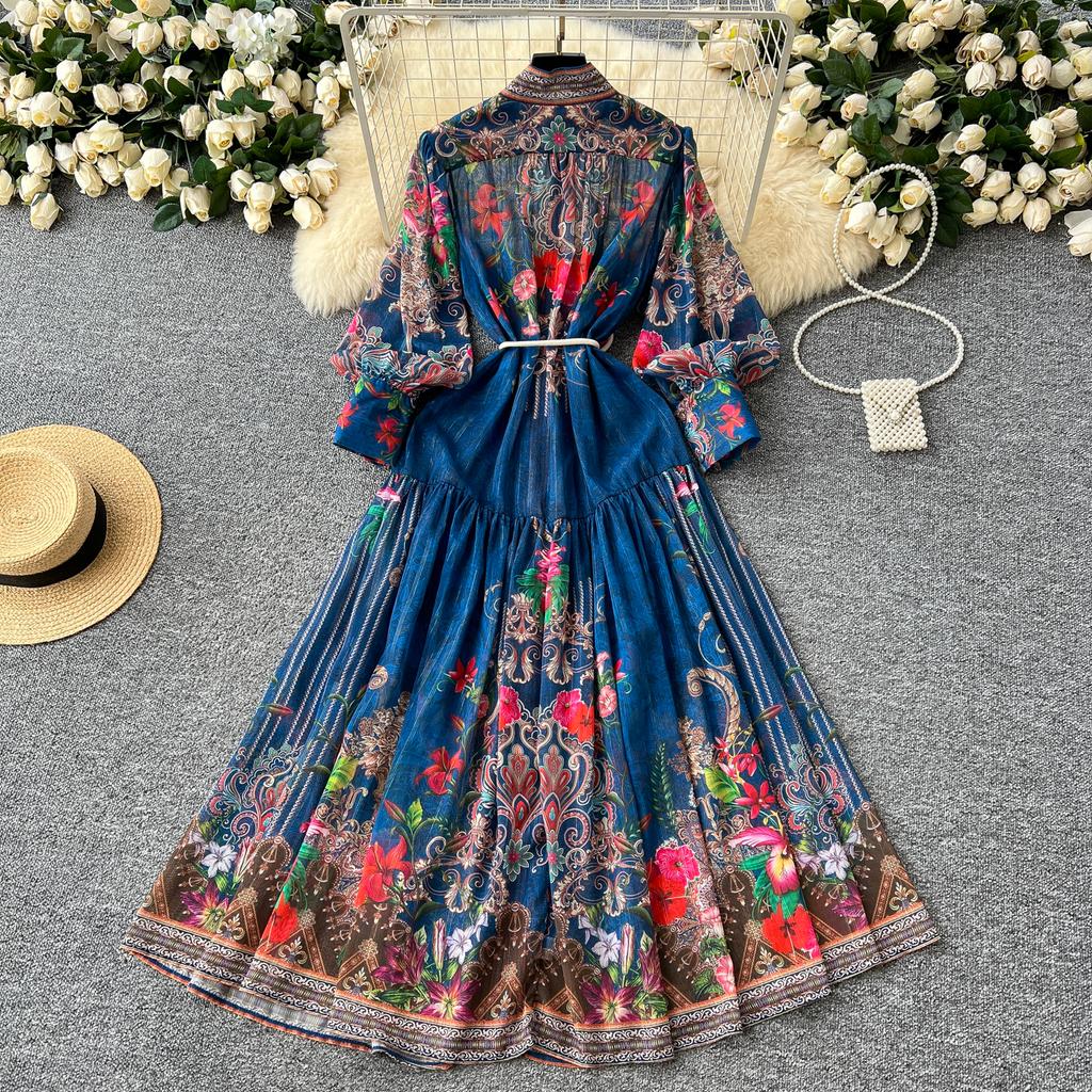 Весна-лето Женское винтажное платье с принтом дворца на подиуме с рукавами-фонариками Длинные макси-платья для отдыха на пляже с поясом