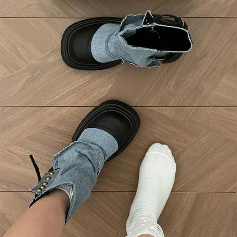 Модные ковбойские полусапоги для женщин с круглым носком, на каблуке, из денима, элегантные, до середины икры, для работы, из ПУ, весна 2024, гяру, Y2k