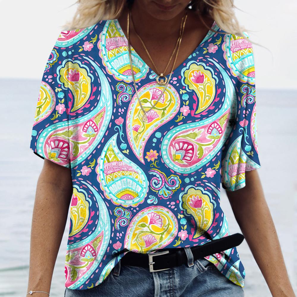 Винтажный принт топ женский с коротким рукавом уличная летняя футболка женская мода повседневная футболка с V-образным вырезом женская одежда больших размеров