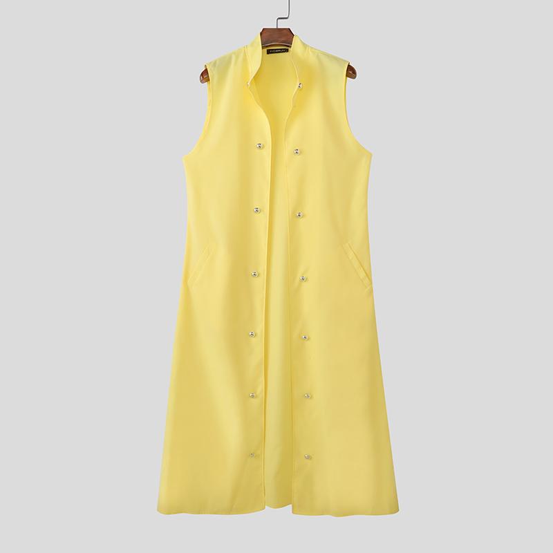 INCERUN Мужской кардиган без рукавов с воротником-стойкой, открытый спереди, с декоративными пуговицами, повседневный, длинный